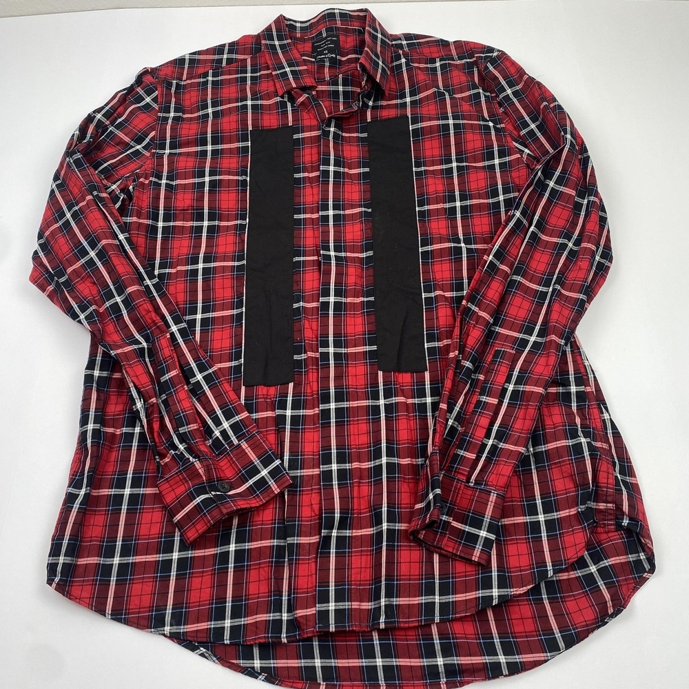 7 Diamonds Shirt Mens Large Red Plaid Long Sleeve Contrast Trim Button Front